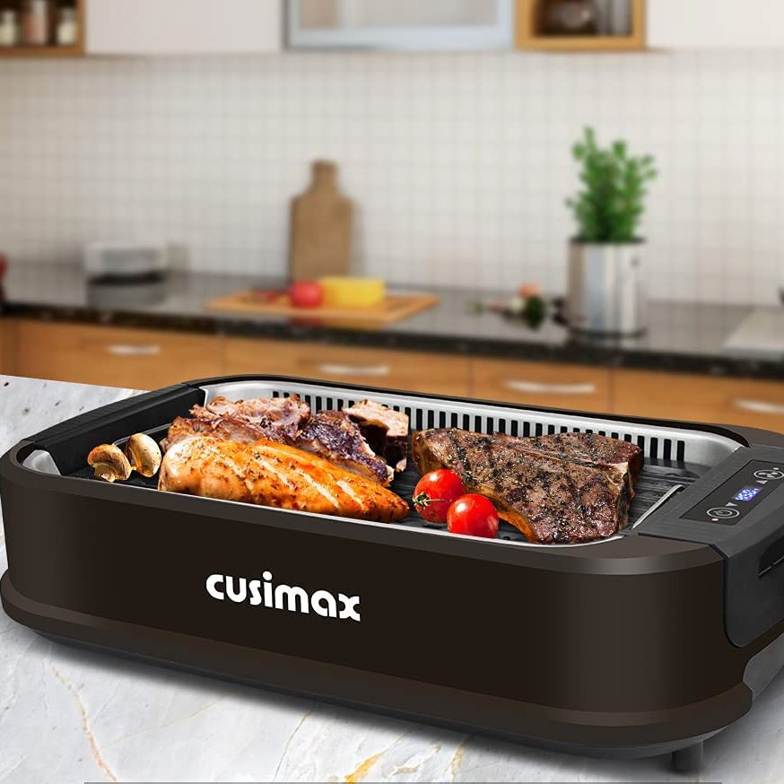 CUSIMAX Electric Grill Smokeless with Large LED Display Dishwasher Safe Non-Stick Removable BBQ Grill Plate & Drip Tray Red Deluxe Edition 6 Temperature Adjustments 1500W Indoor Barbecue Grill 